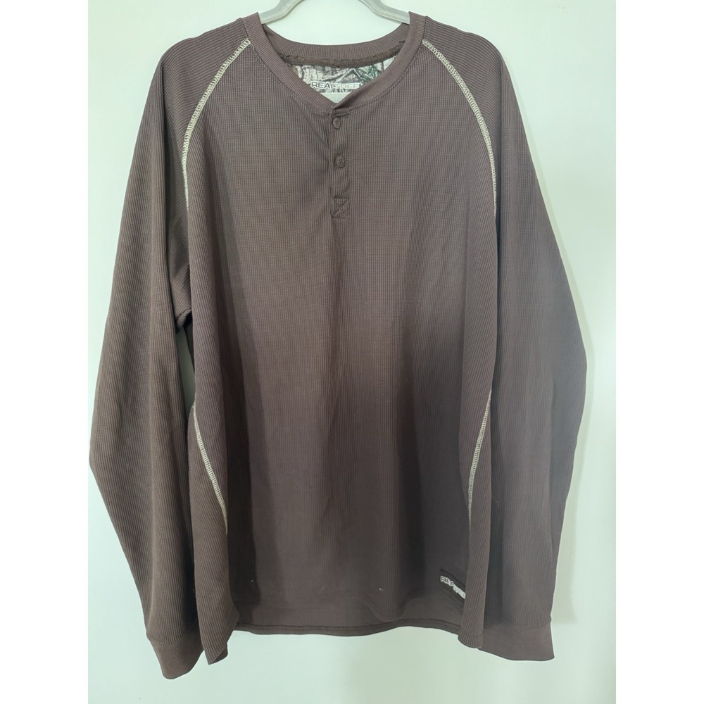 Realtree Mens XL Brown Waffle Knit Thermal Henley Long Sleeve Hunting Shirt